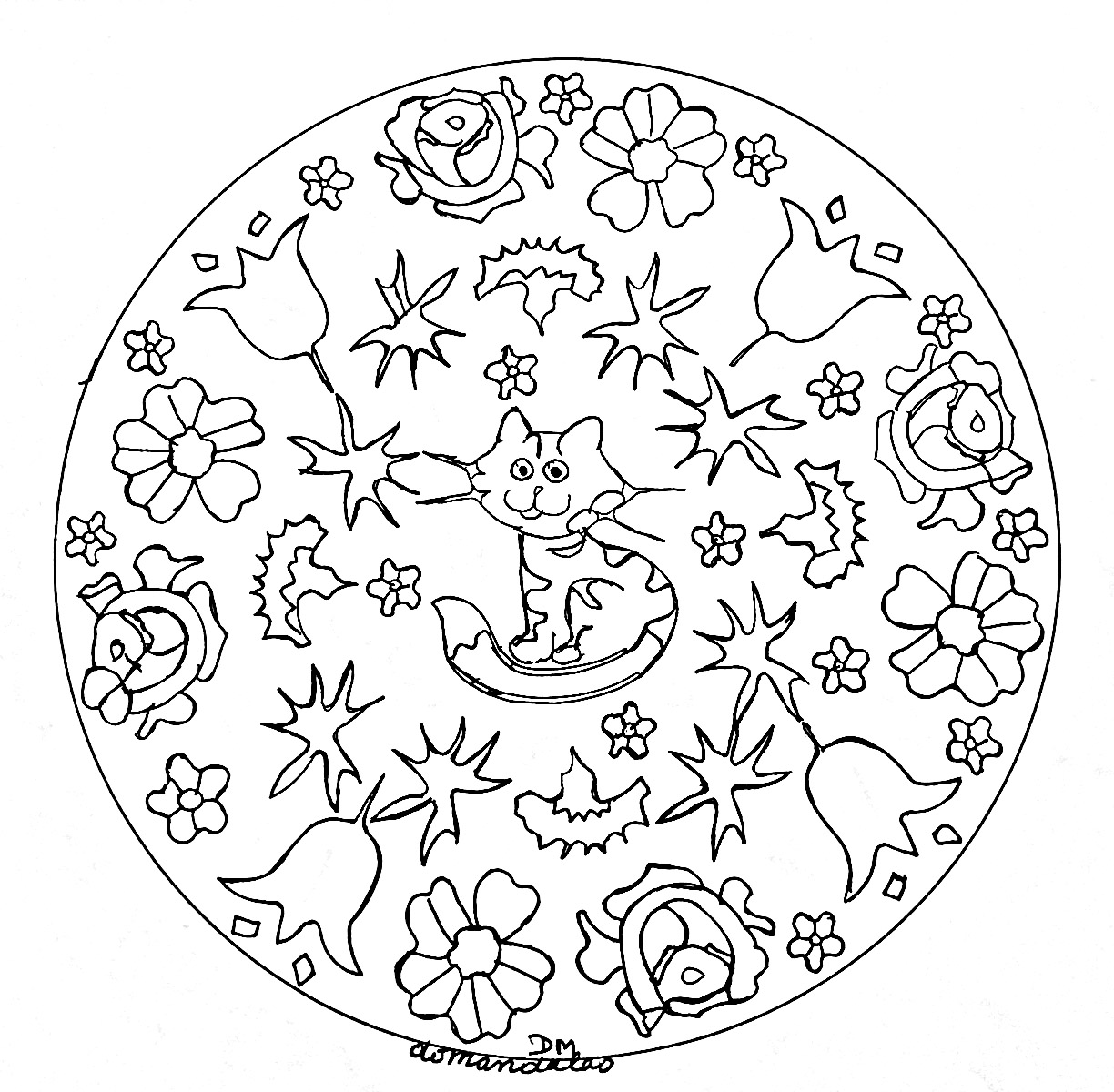 Mandala gato y flores (Animales)