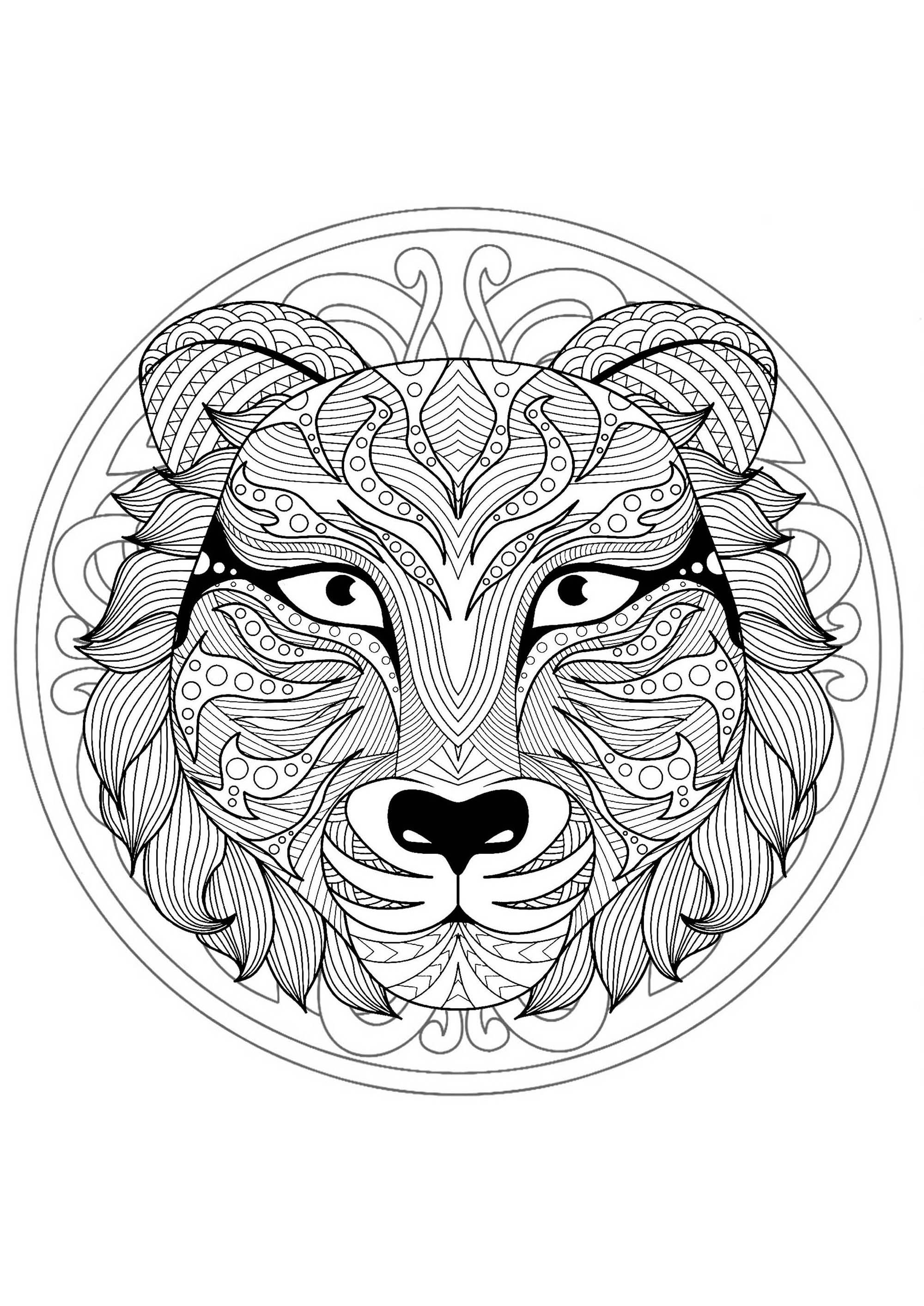 Un magnífico mandala para colorear de gran calidad y originalidad. Te toca a ti elegir los colores más apropiados para dar vida a este tigre. ¡Déjese tentar!