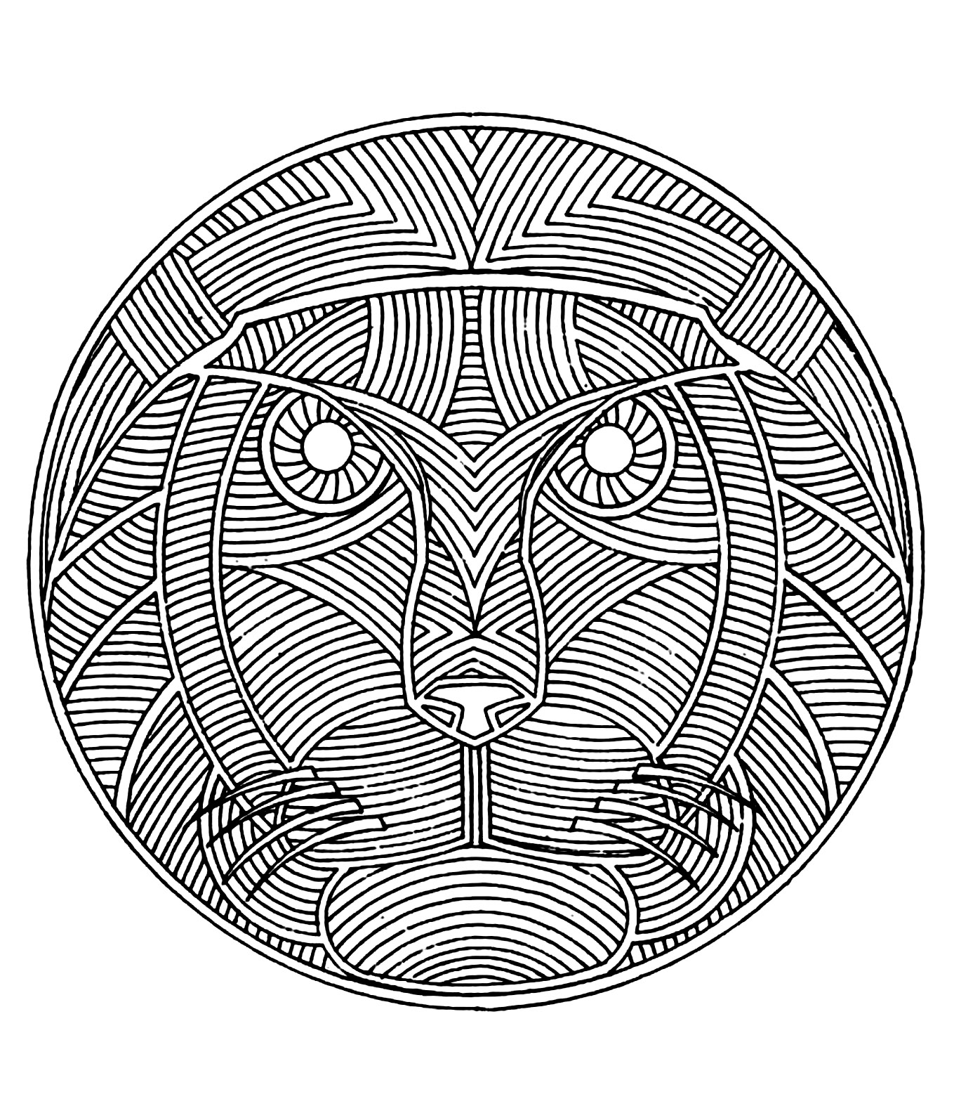 Un mandala con cabeza de león, para los que prefieren colorear con elementos concretos y vivos.