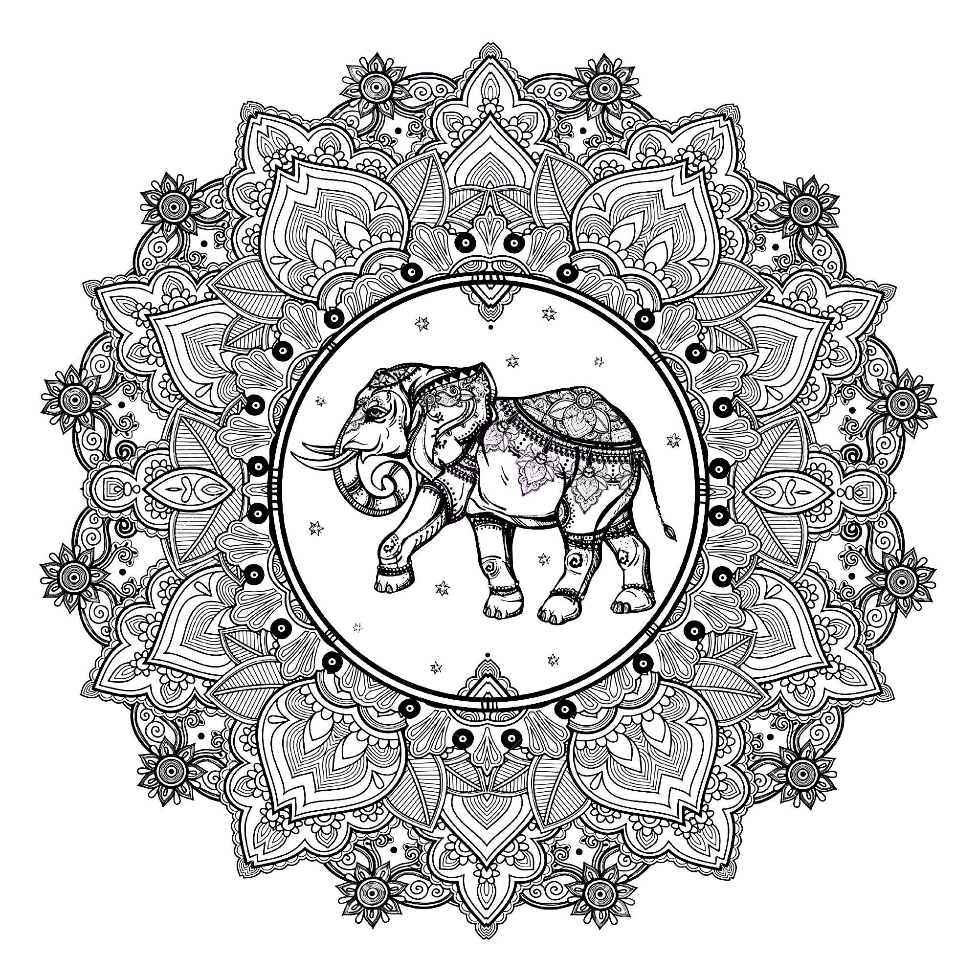 Mandala complejo del elefante (Animales)