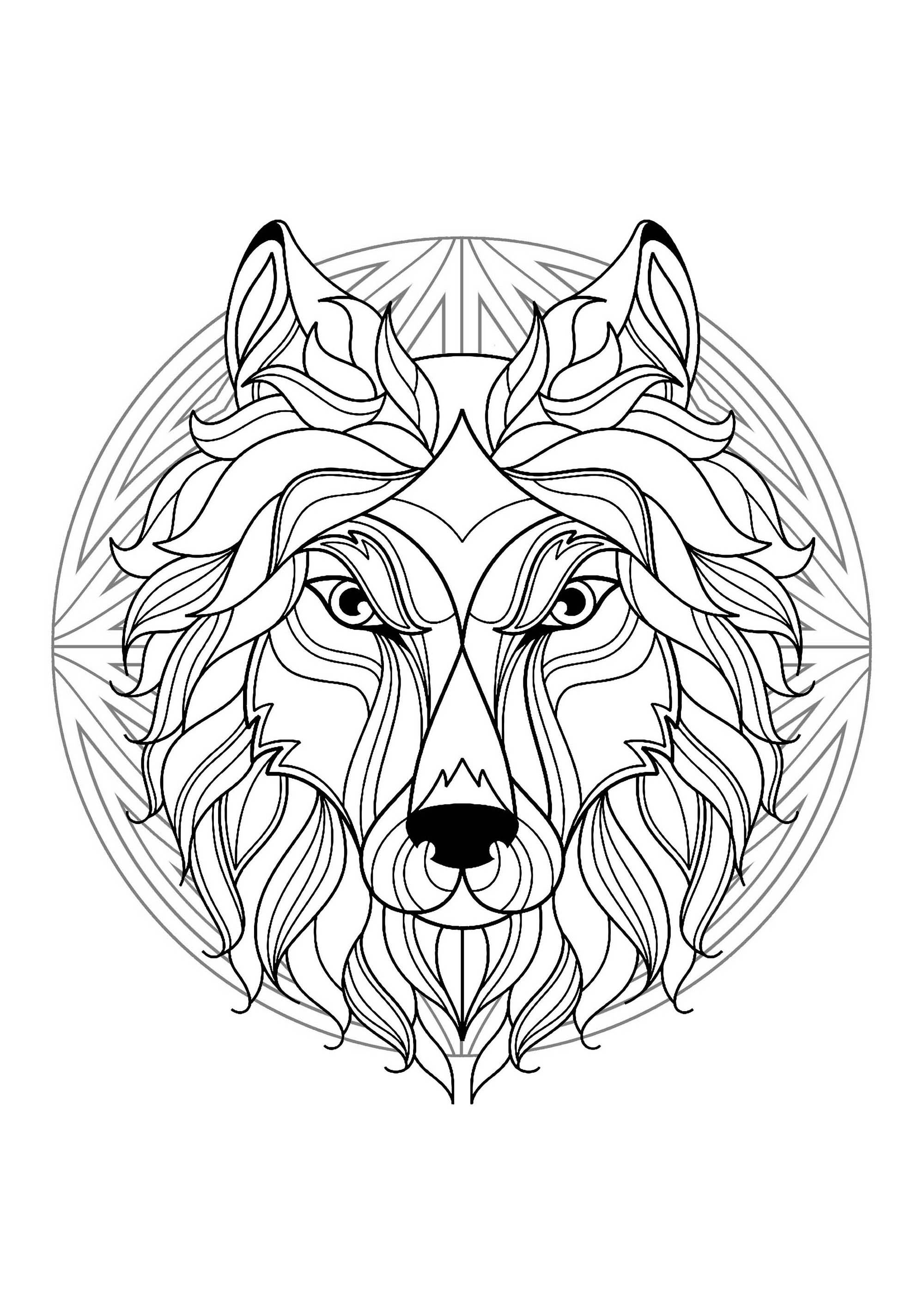 Este simpático lobo está esperando a que lo colorees en este bonito y original mandala, así que tú decides.