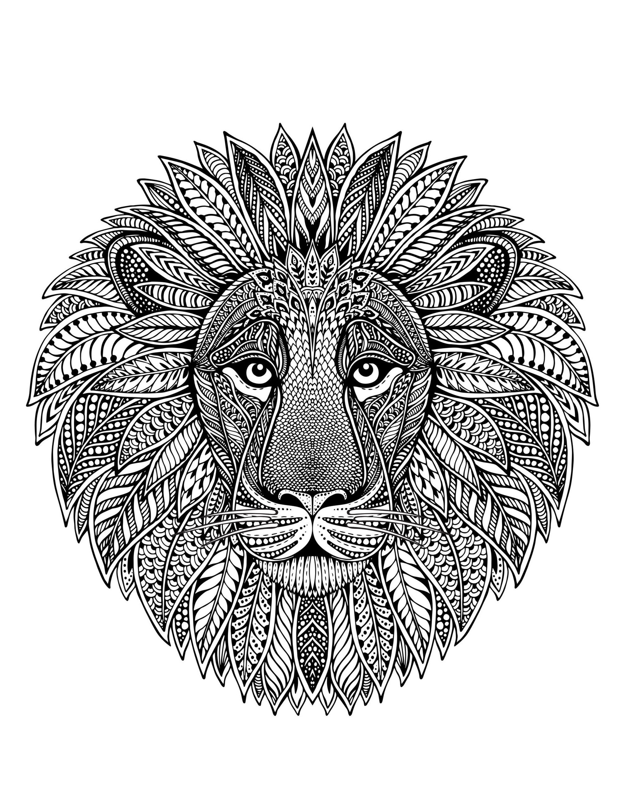 Un mandala con cabeza de león, para los que prefieren colorear con elementos concretos y vivos.
