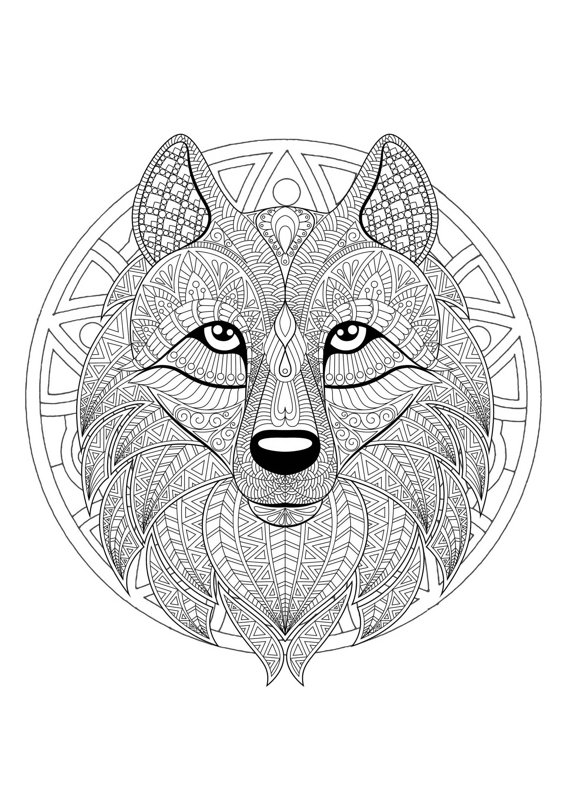 Un mandala con un simpático lobo, para los que prefieren colorear cosas concretas y vivas.