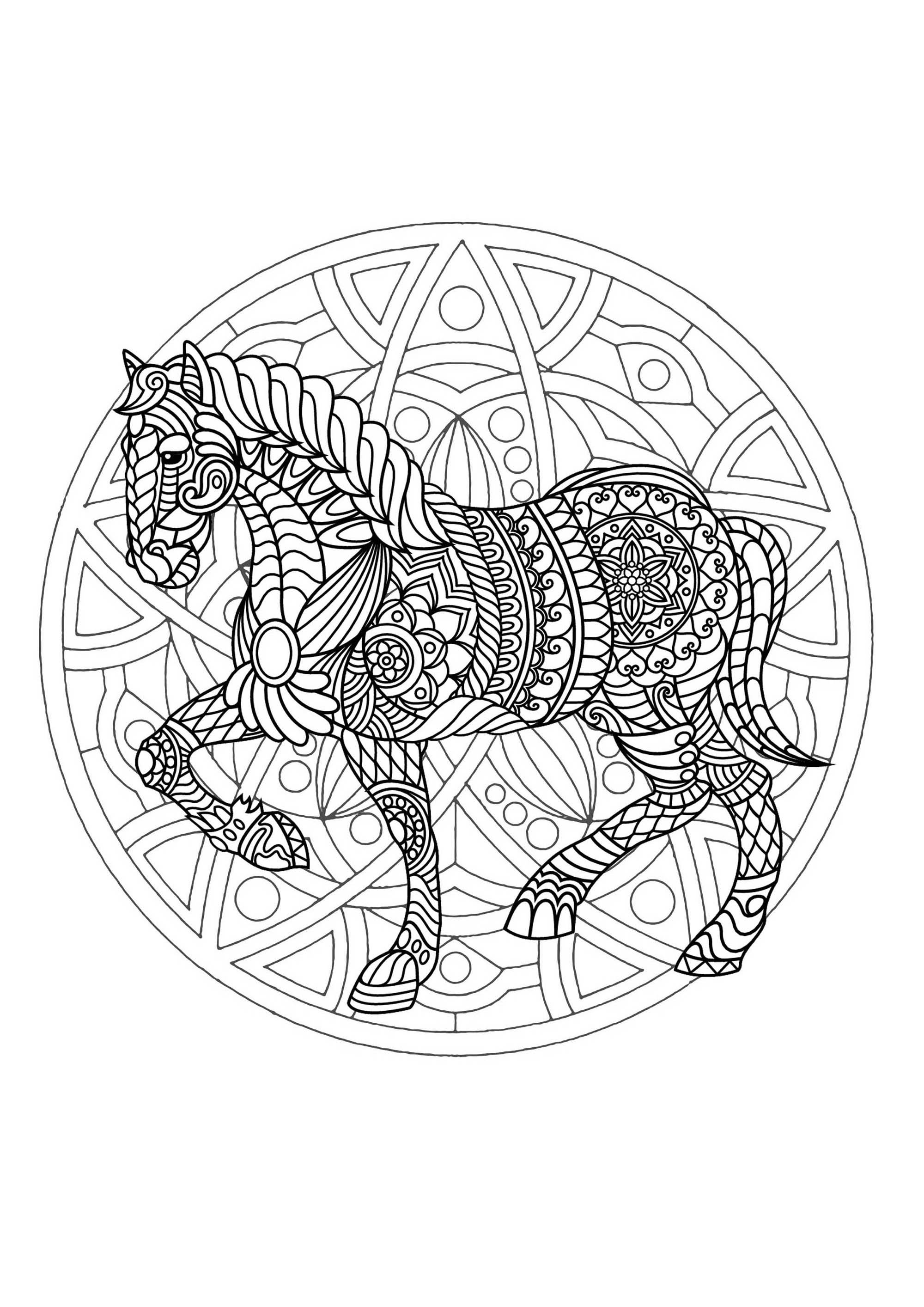 Una magnífica página para colorear de Mandala con un caballo, de gran calidad y originalidad. De ti depende elegir los colores más apropiados.