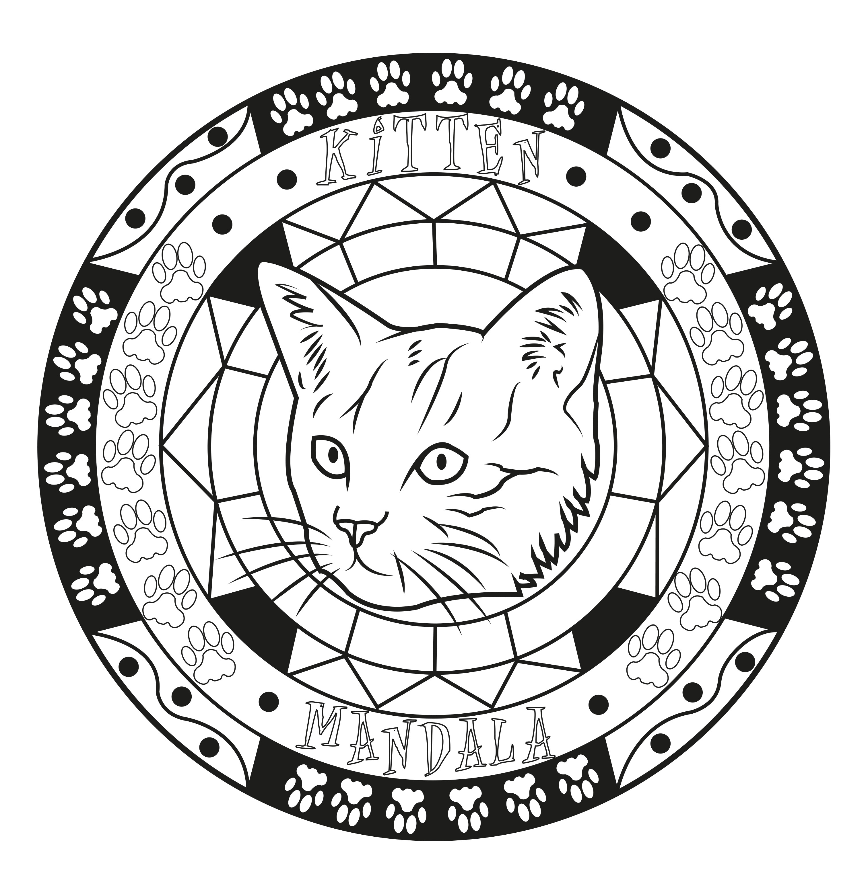 Mandala Gatito, ¡qué mono! No es demasiado complicado de colorear, así que es perfecto para los niños.