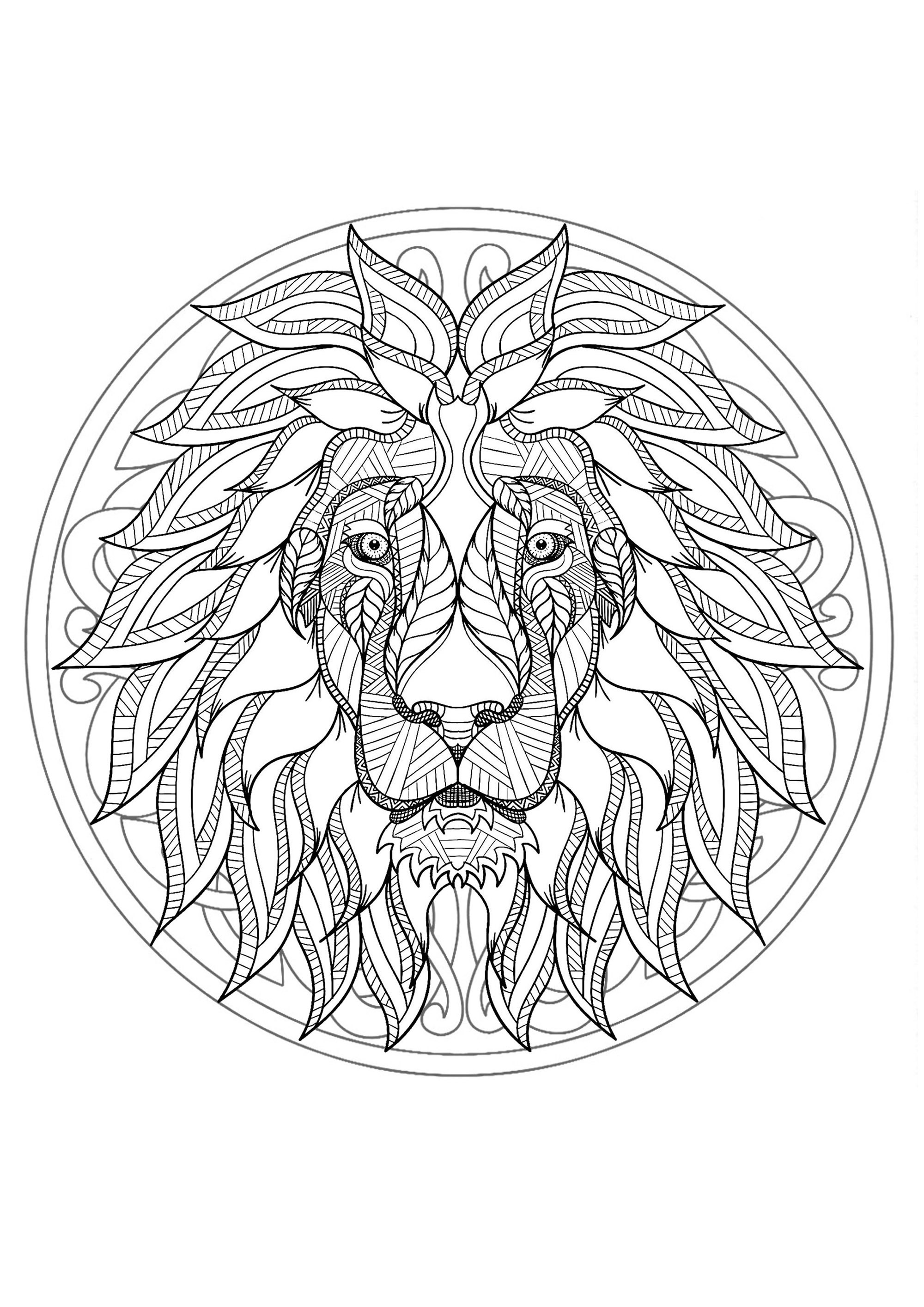 Este hermoso león está esperando a que lo colorees en este bonito y original mandala, así que tú decides.