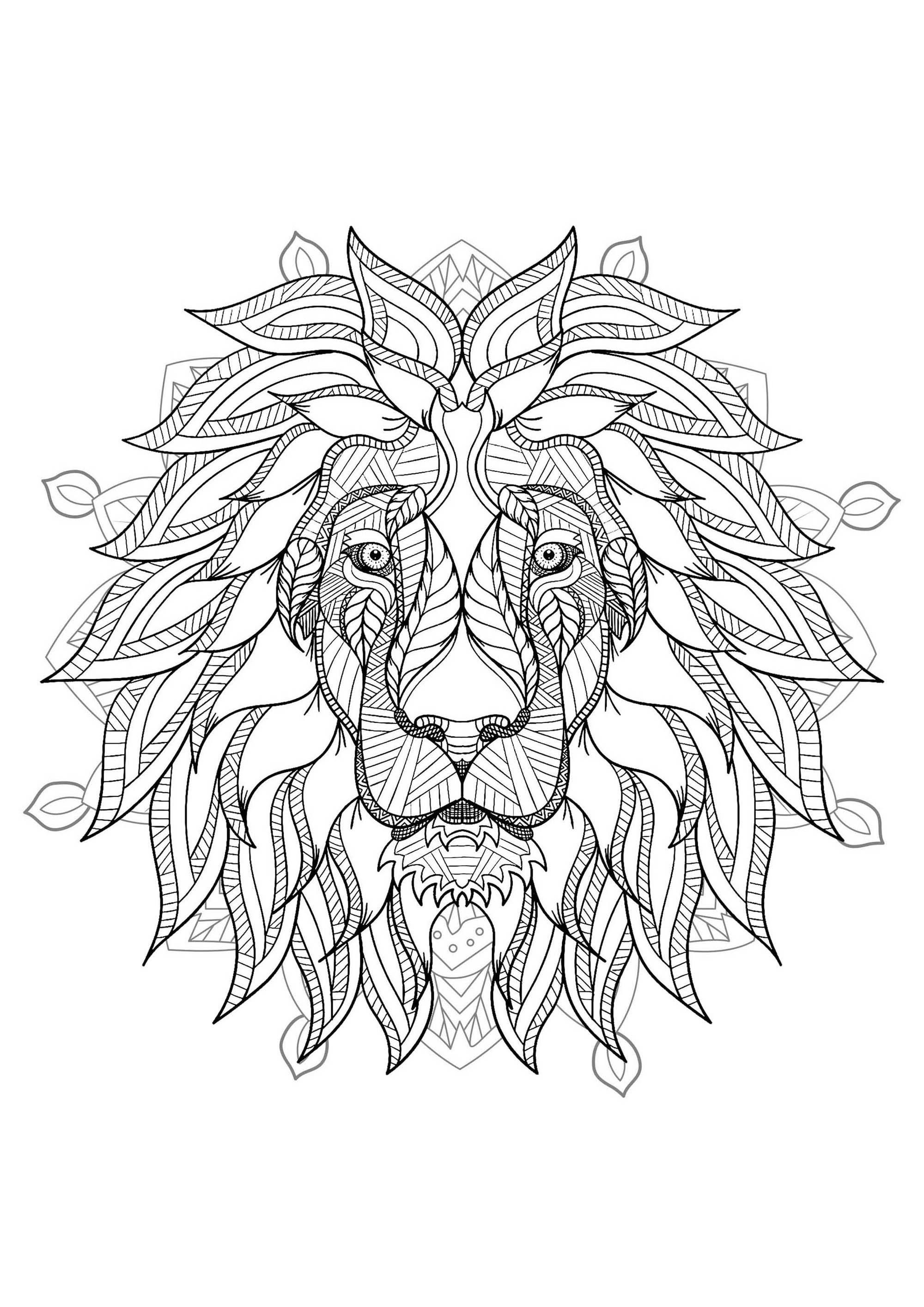 Un mandala protagonizado por el rey de los animales: el león, para los que prefieren colorear cosas concretas y vivas.
