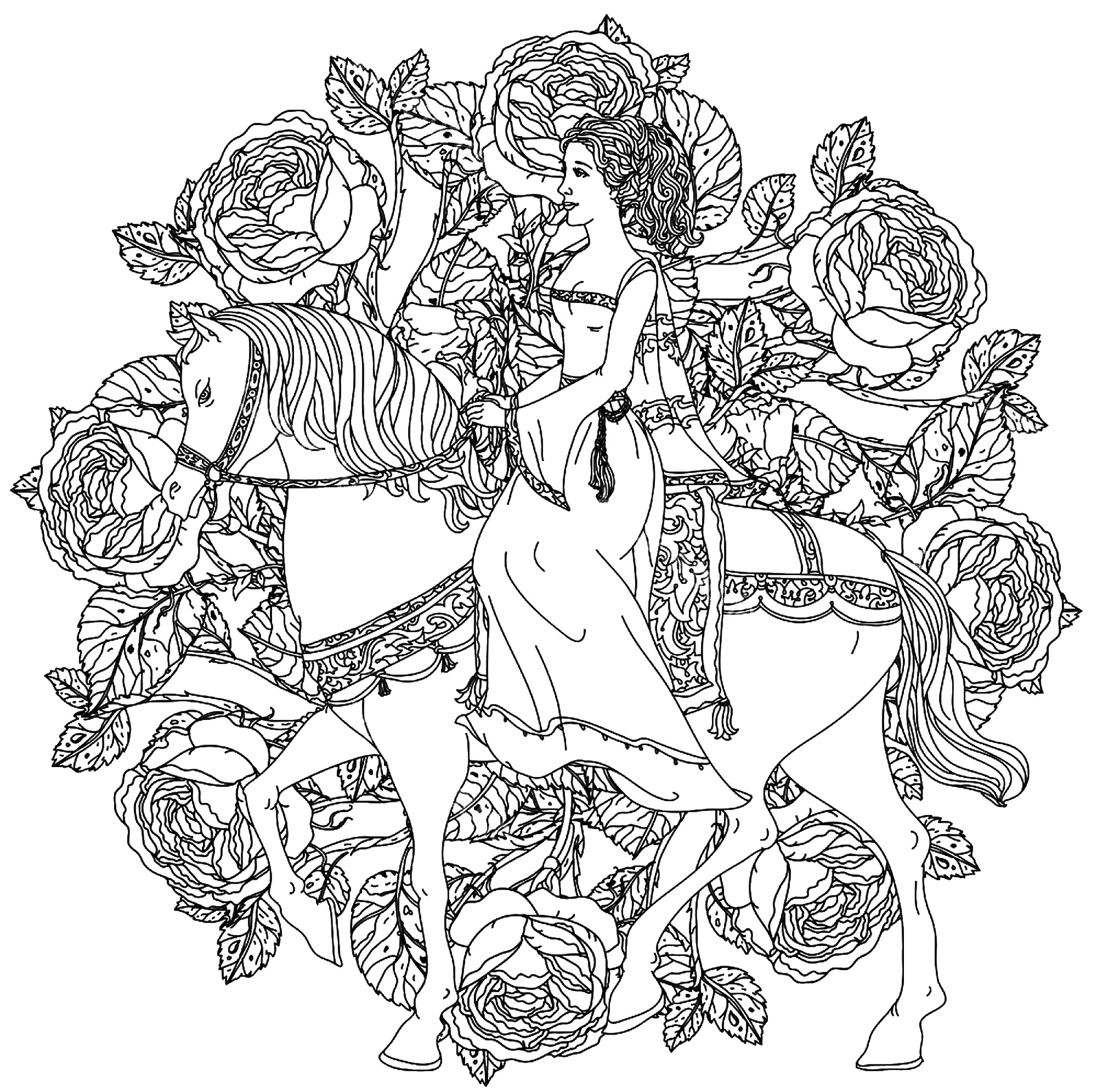 Una princesa a caballo en un magnífico mandala de flores