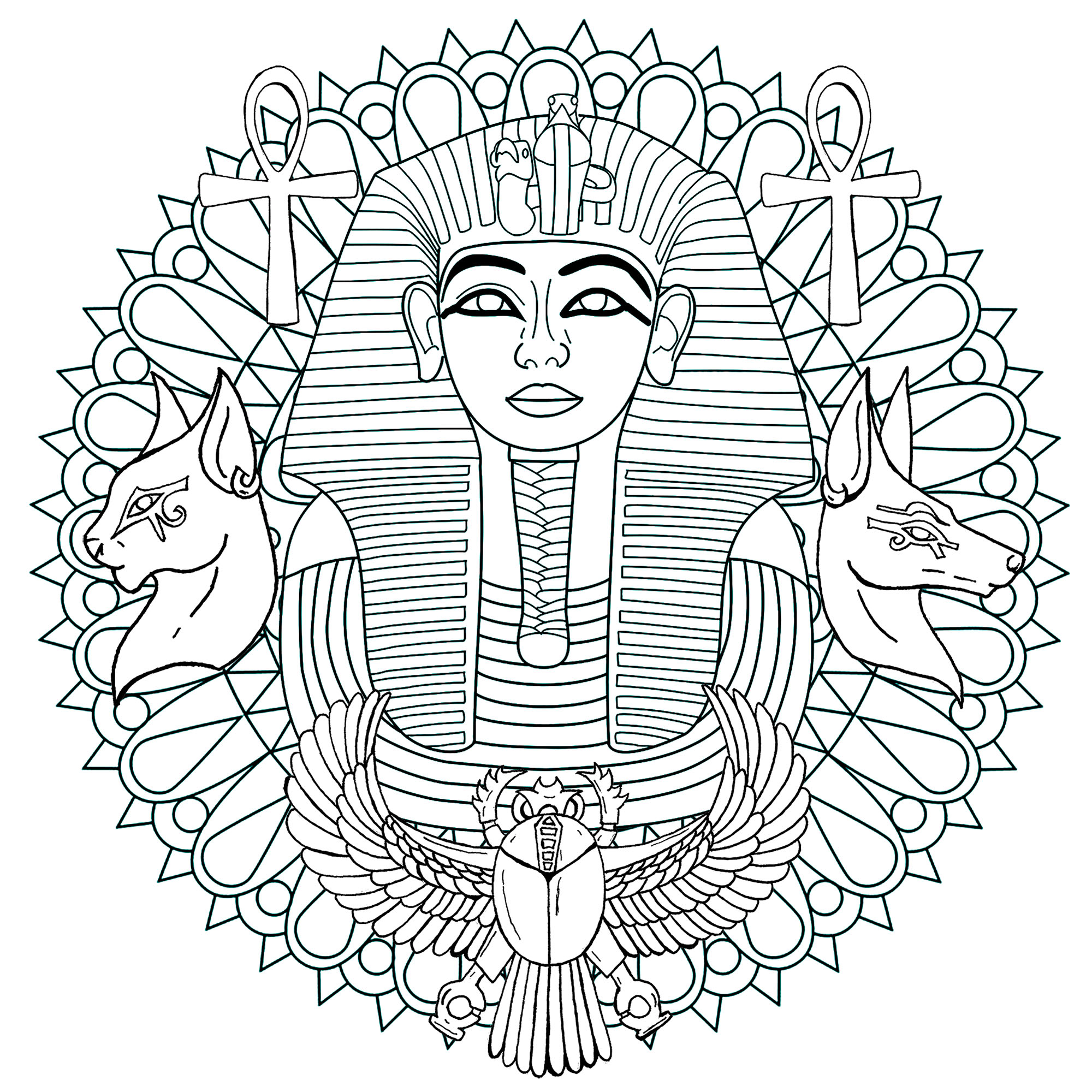 La máscara de Tutankamón es tanto un icono como un misterio. Aquí tienes un mandala con ella y varios símbolos egipcios. Versión 1