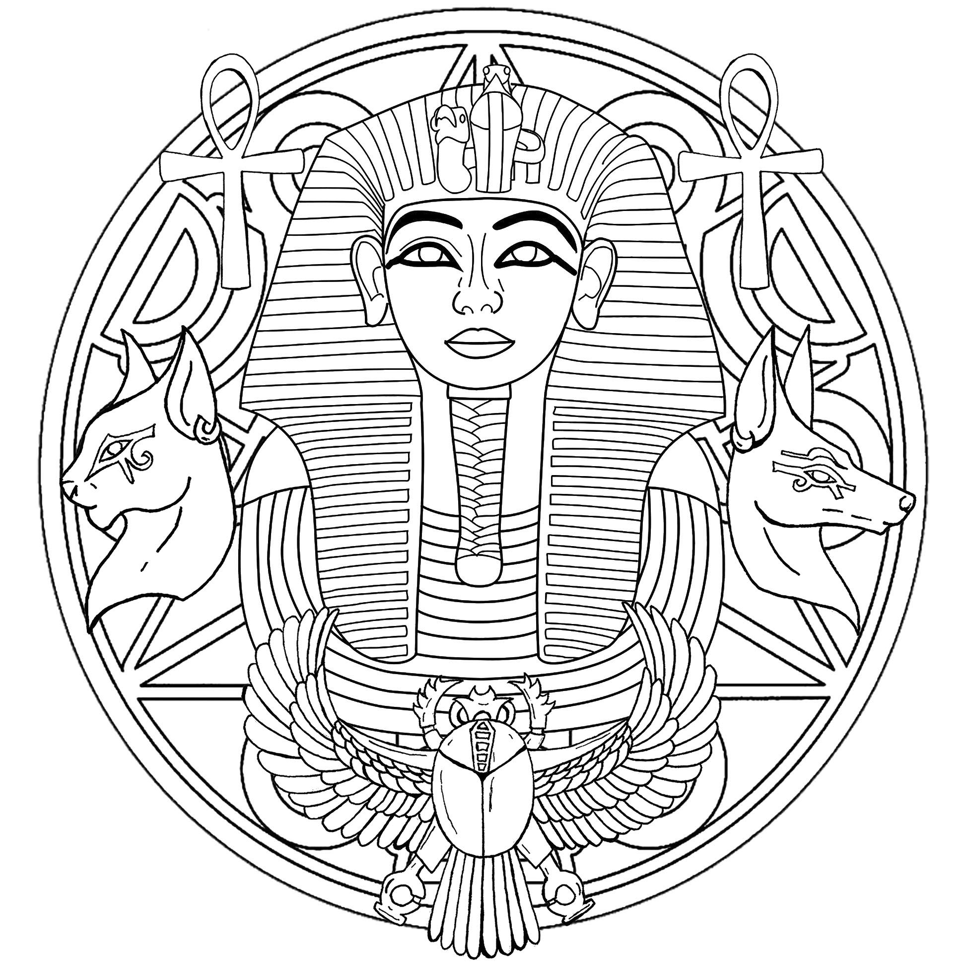 La máscara de Tutankamón es tanto un icono como un misterio. Aquí tienes un mandala con ella y varios símbolos egipcios. Versión 2
