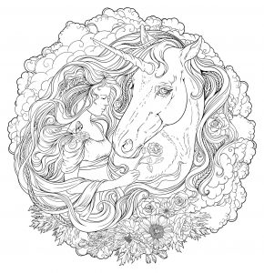 Niña y unicornio en un precioso mandala exclusivo. De ti depende encontrar los colores más bonitos para darles vida (Personajes)