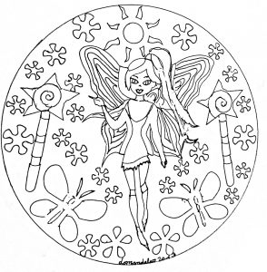 Una pequeña hada para colorear en medio de un mandala. Te toca a ti darle vida con tus colores más bonitos (Personajes)