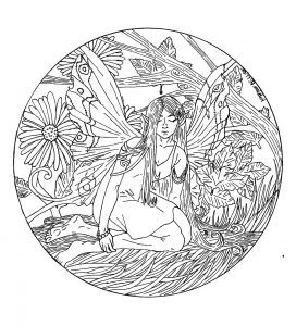 Duende en medio de un mandala. De ti depende encontrar los colores más bonitos para darle vida (Personajes)