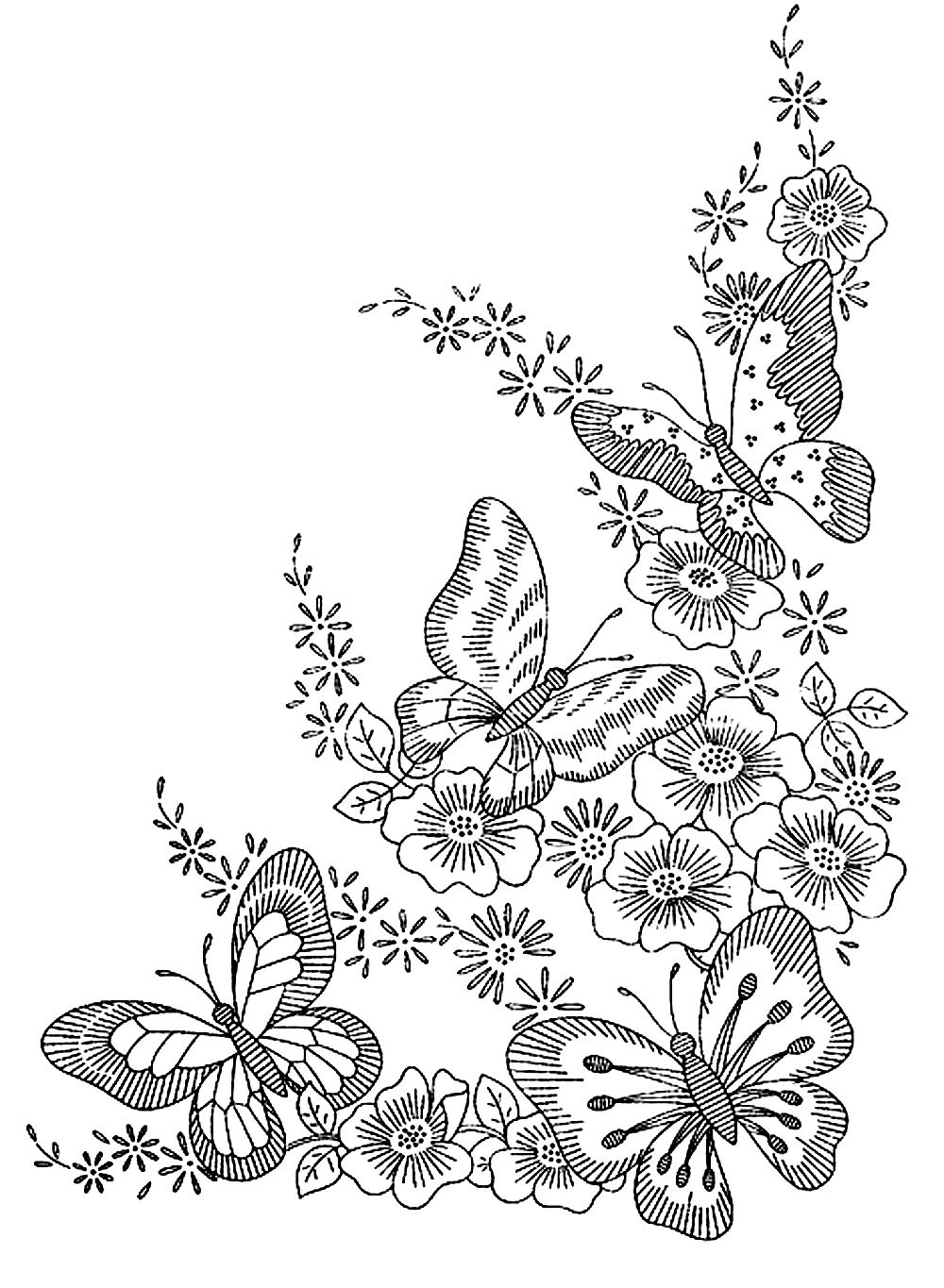 Colorear-adulto-difícil-mariposas-flores (Insectes)