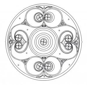 No te dejes hipnotizar por este magnífico mandala compuesto por formas variadas y regulares. Depende de ti utilizar las técnicas que prefieras para realzarlo: rotuladores, lápices, pintura, etc (Patrones geométricos)