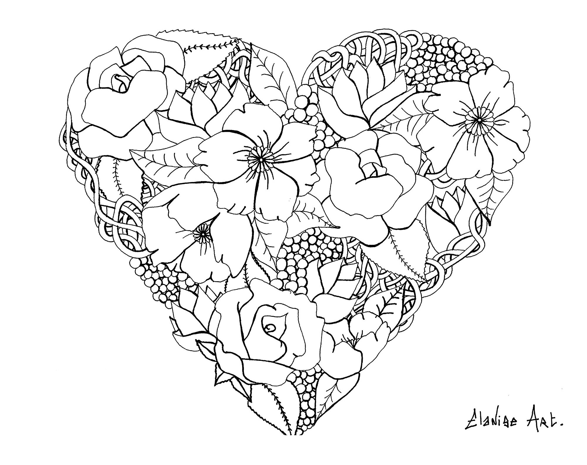 Bonito corazón florido, por Elanise. En realidad no es un mandala, sino una página para colorear con un corazón de flores realistas.