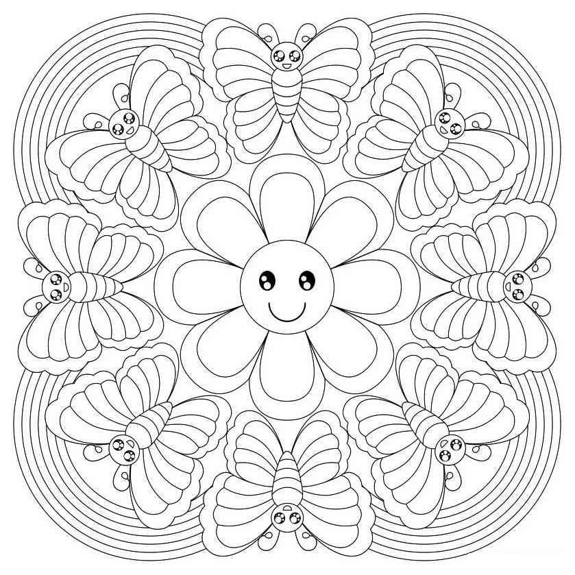 Aquí tienes una página para colorear de un mandala muy original, con mariposas y una preciosa florecita en el centro.