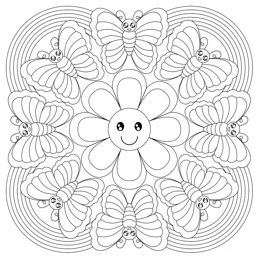 Colorear-mandala-florcitas-y-mariposas (Flores y vegetación)