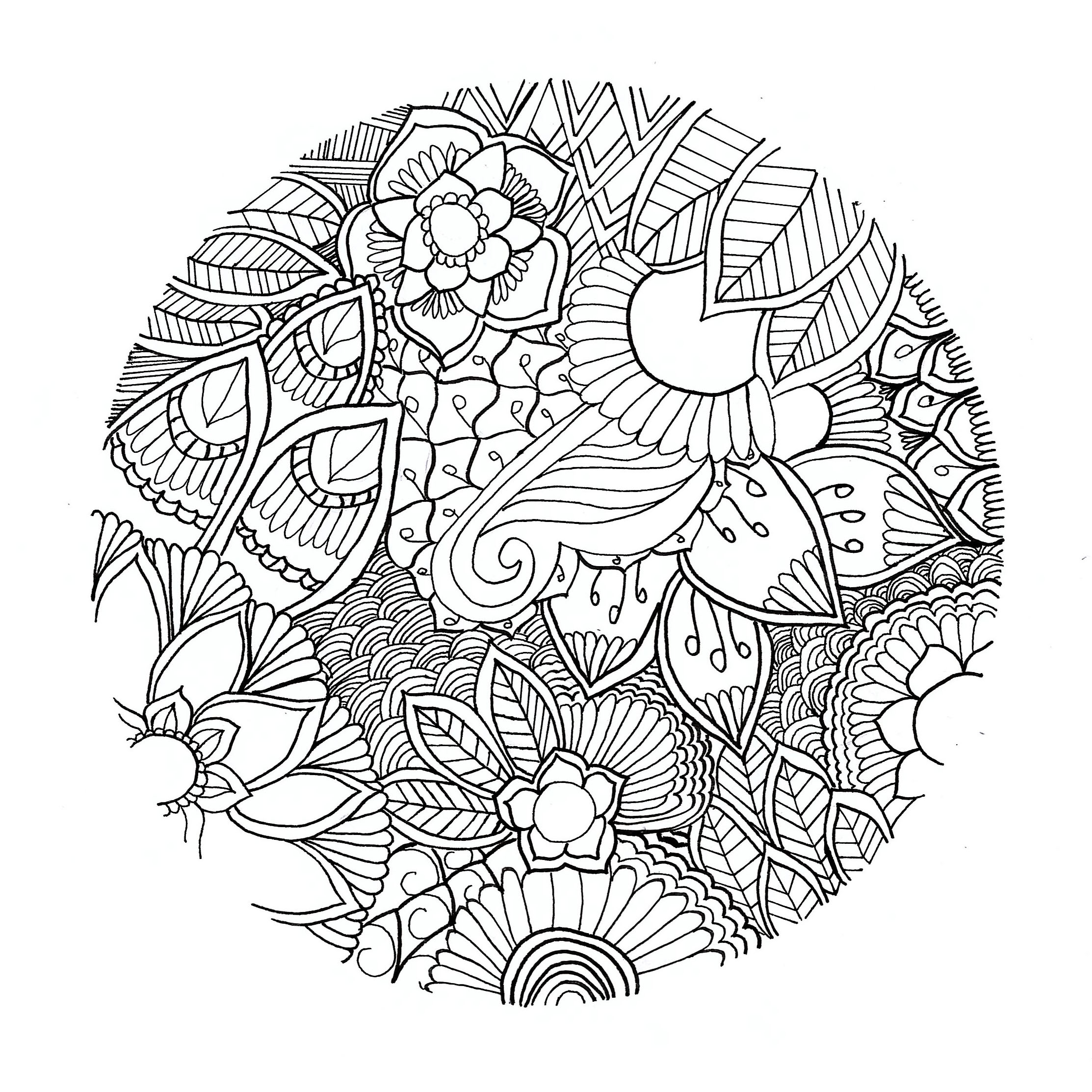 Un mandala floral original y muy ligero, ¡sin contorno! Por Chloé. Es un círculo con flores dibujadas de forma realista y no simétrica.