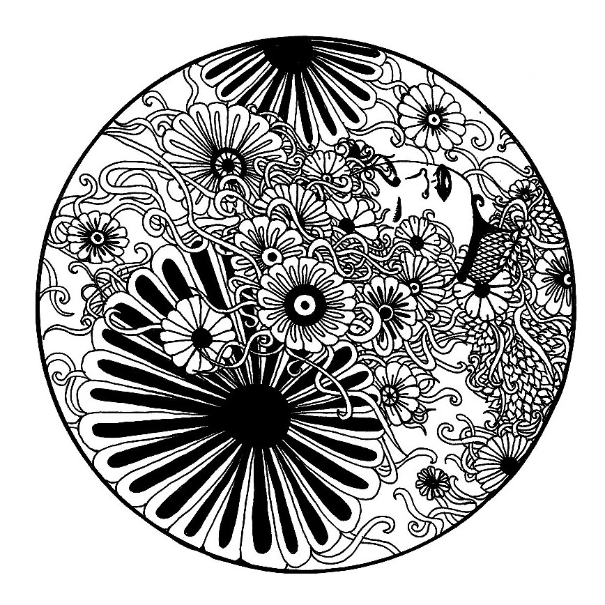 Flores en blanco y negro en un mandala, por Elanise. Es bastante original en el sentido de que no es simétrico, por lo que es un Mandala bastante especial pero agradable.