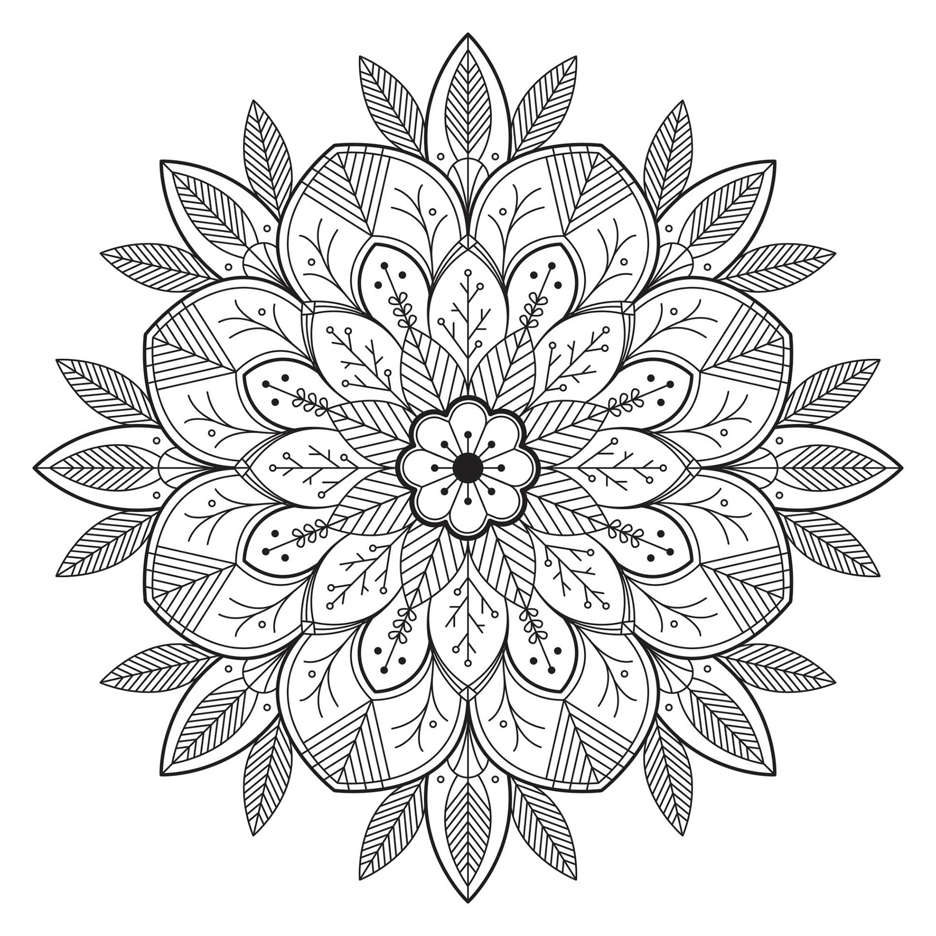 Mandala con flores y hojas realistas. ¡Incorpora los colores que prefieras! ¡Es uno de los favoritos de los miembros del sitio, según nuestros contadores!