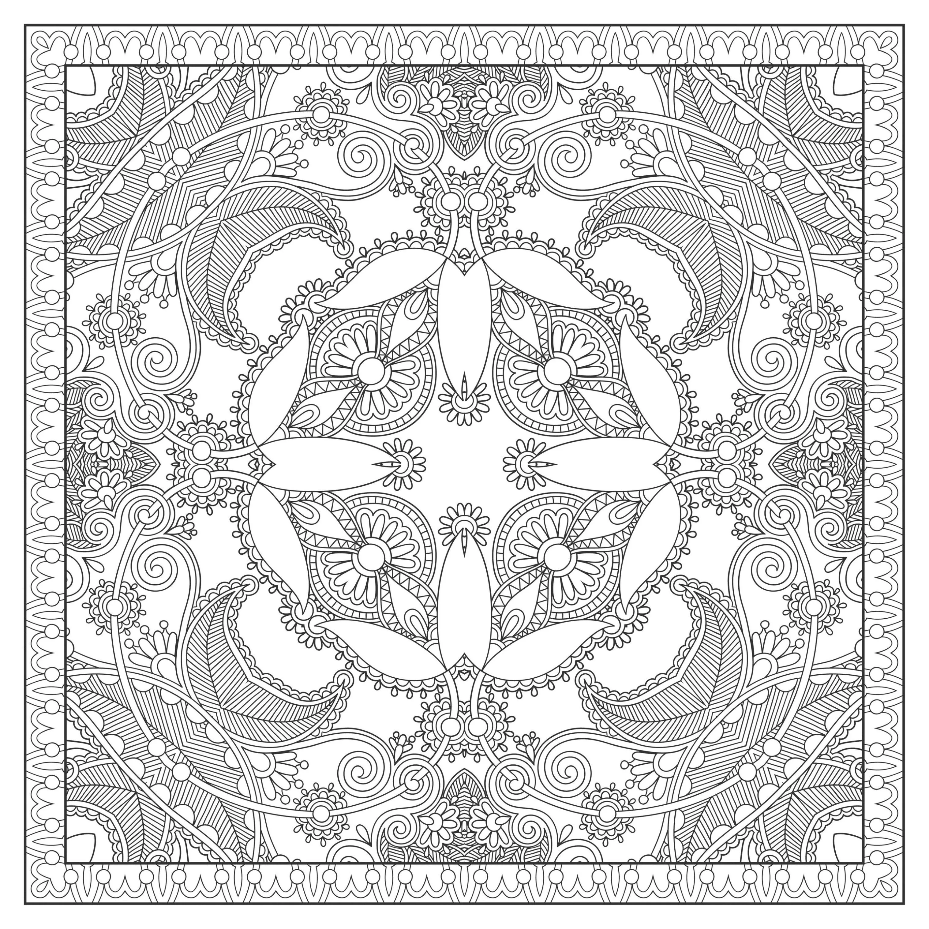 Mandala cuadrado totalmente simétrico (Flores y vegetación)