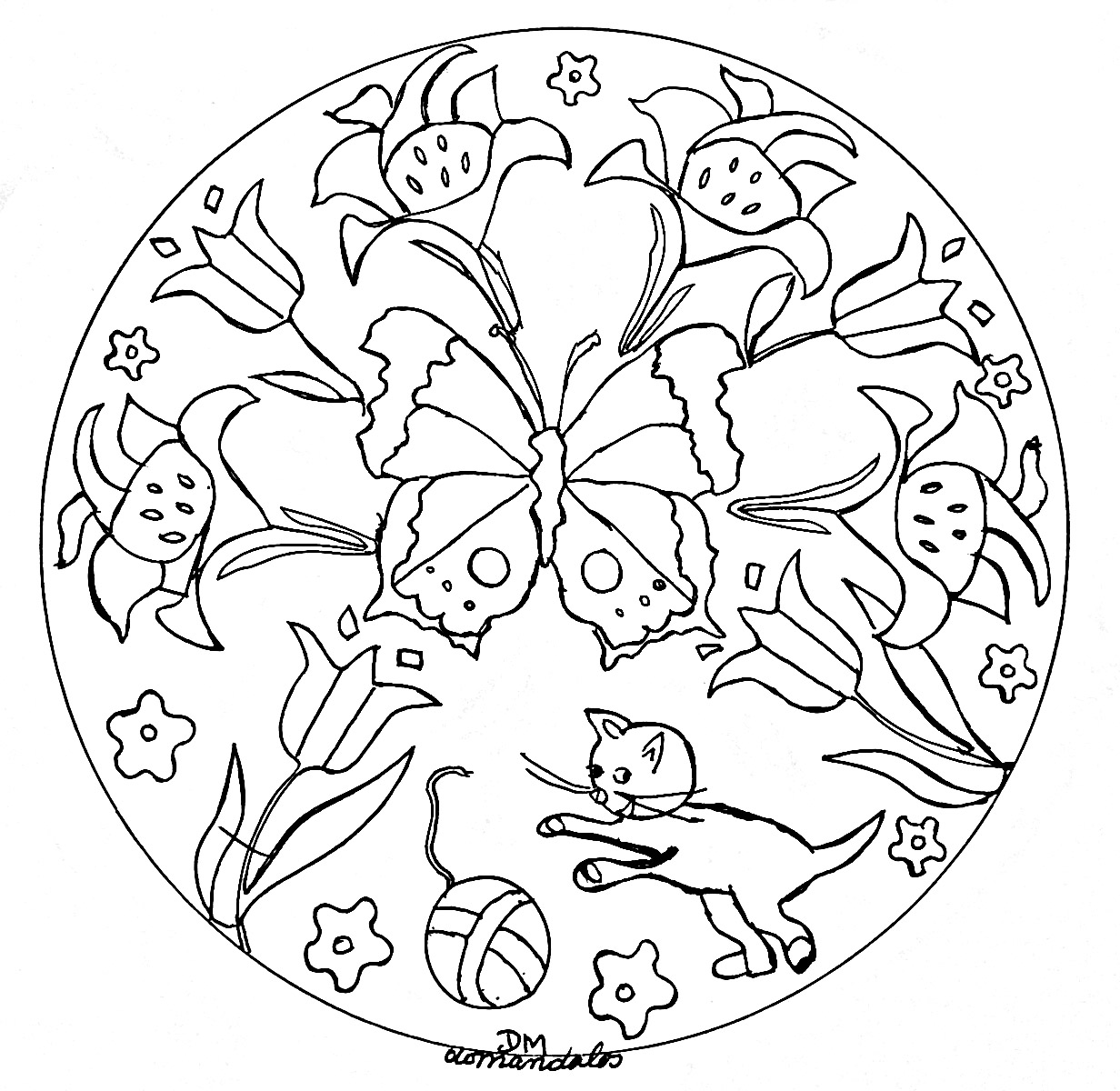 Flores y vegetación : Mandala con hojas, flores y mariposas Flores y vegetación : Mandala con hojas, flores y mariposas