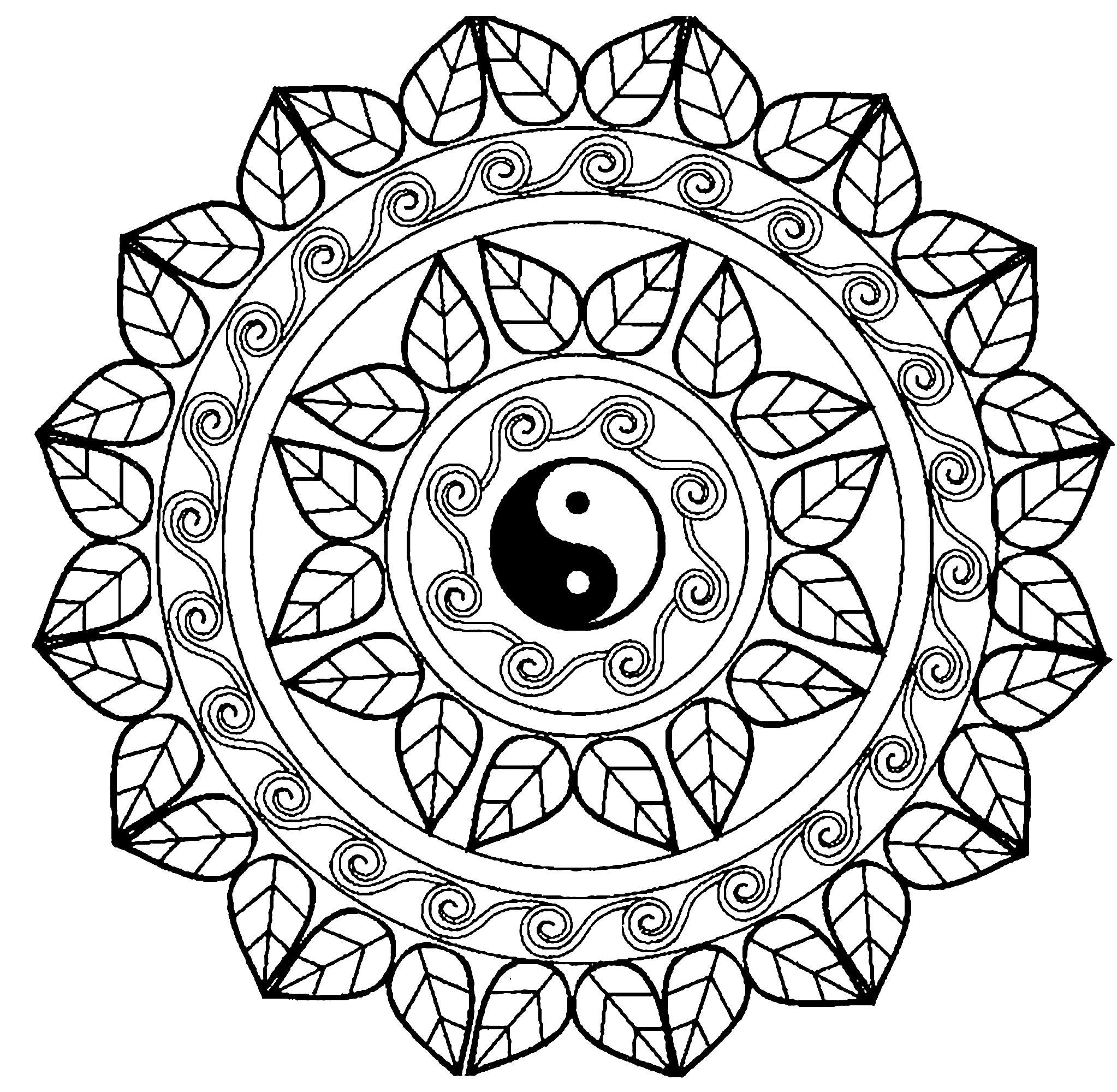 Elige la técnica que prefieras para colorear este exclusivo mandala con el famoso símbolo del Yin y el Yang en el centro. Añade tu alma a este precioso mandala.