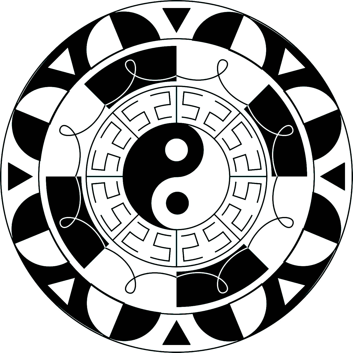 Mandala con pocos detalles y el símbolo del Yin y el Yang en el centro