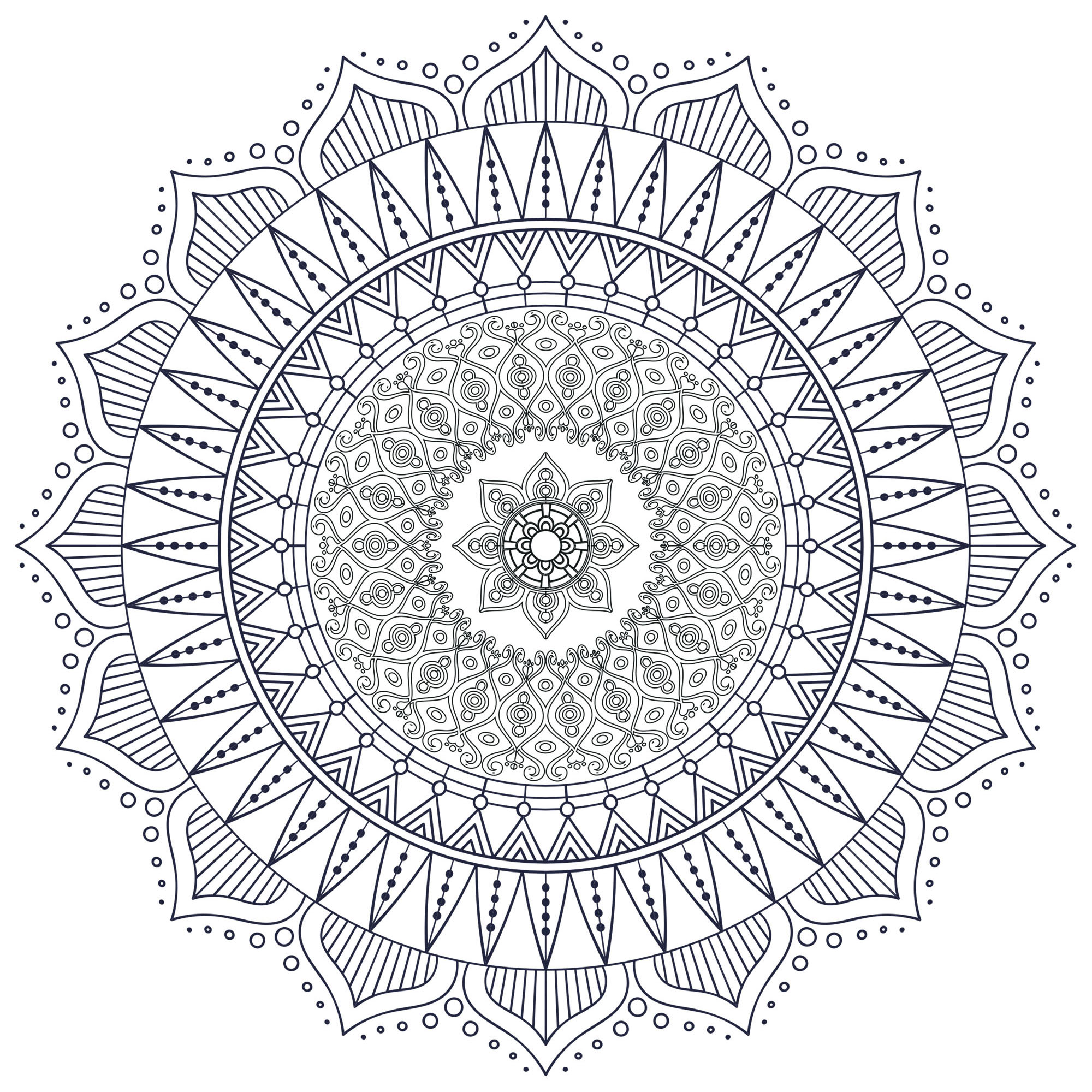 Regálate un momento de zen con este magnífico Mandala para colorear enseguida, en los colores que más te gusten. Es original porque tiene un mini mandala en el centro.