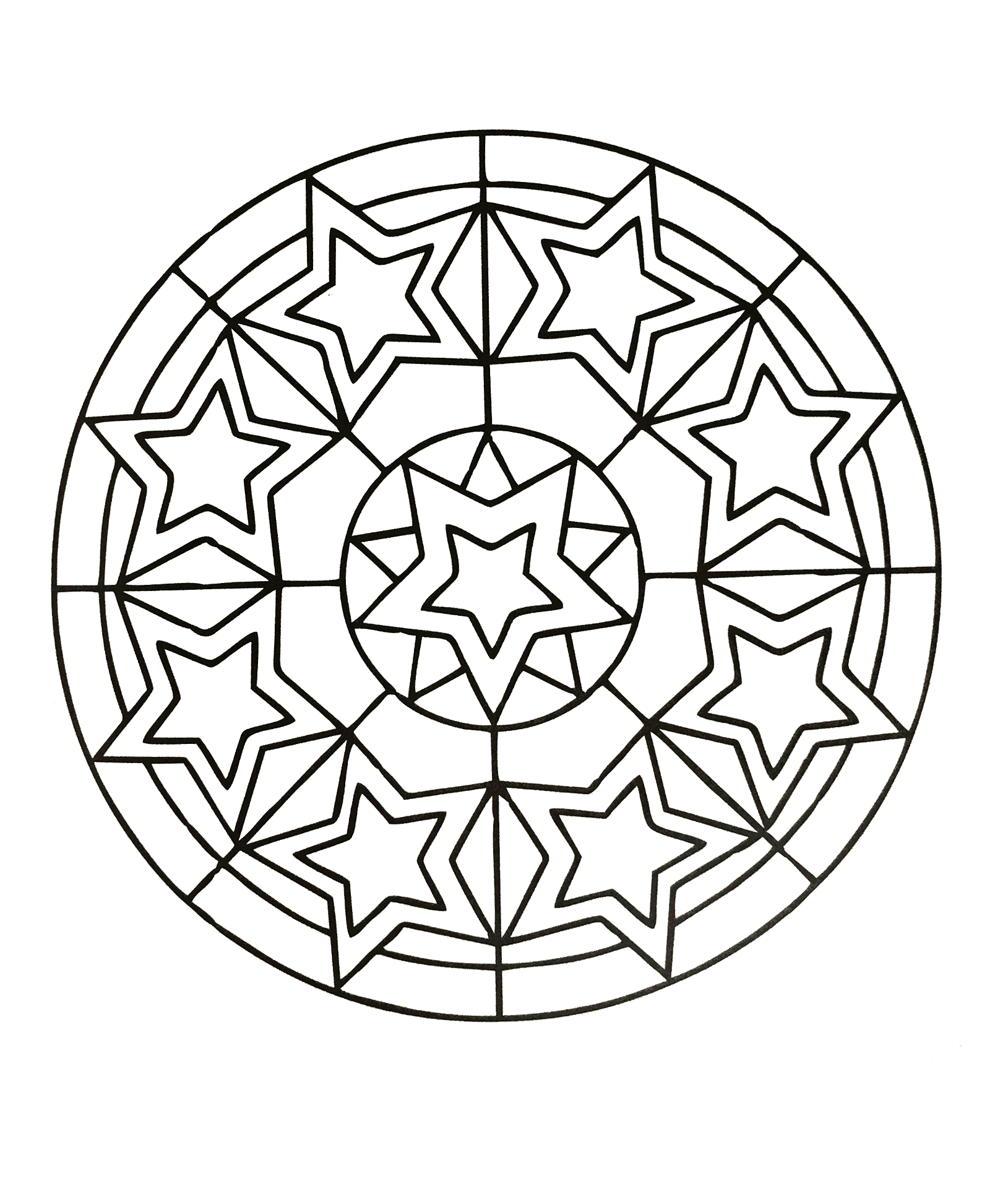 Cuando colorear se convierte realmente en Arteterapia... Es el caso de este armonioso y delicado Mandala para colorear, creado a partir de motivos de estrellas.