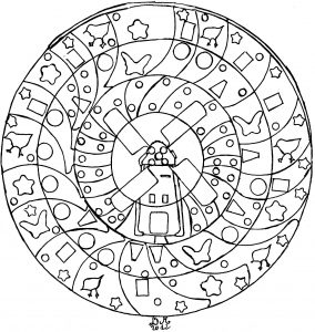 Mandala dibujado a mano con molino de viento, por Domandala